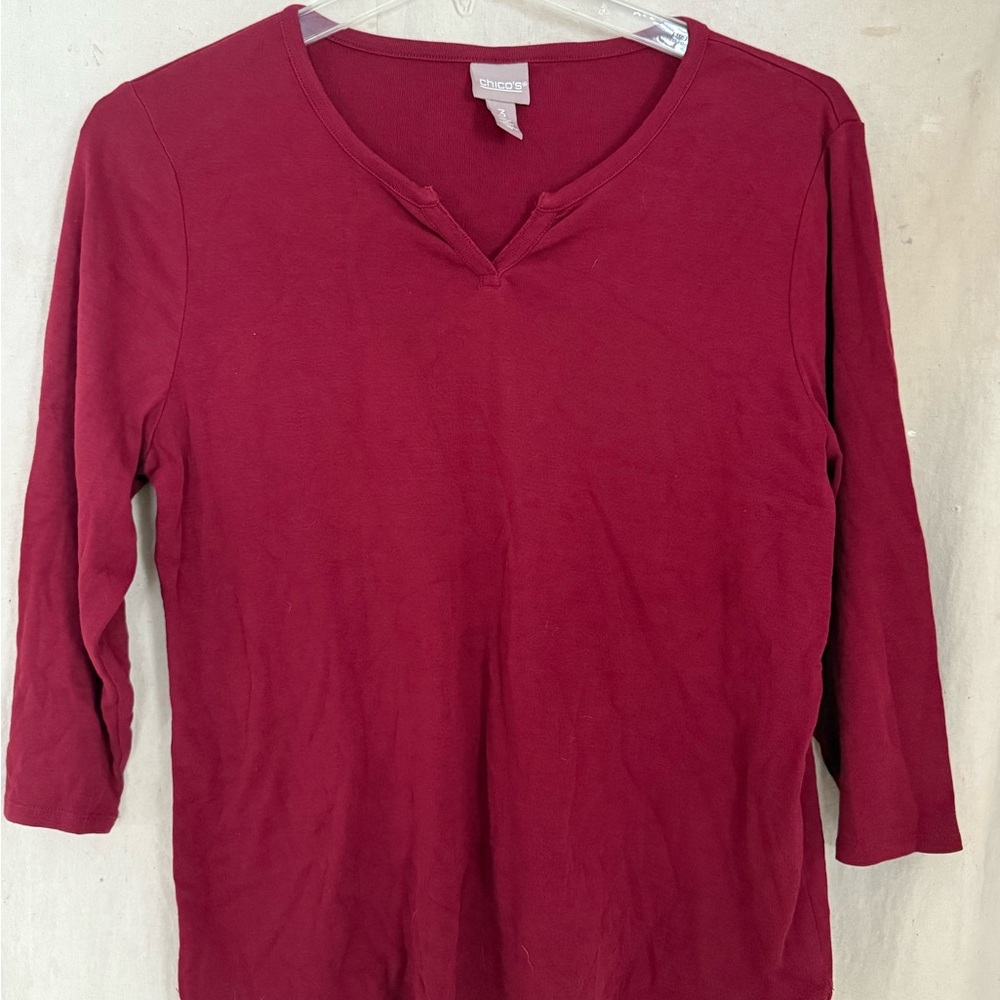 Chico's Maroon 3/4 Long Sleeve Top Size 3 100% Cotton